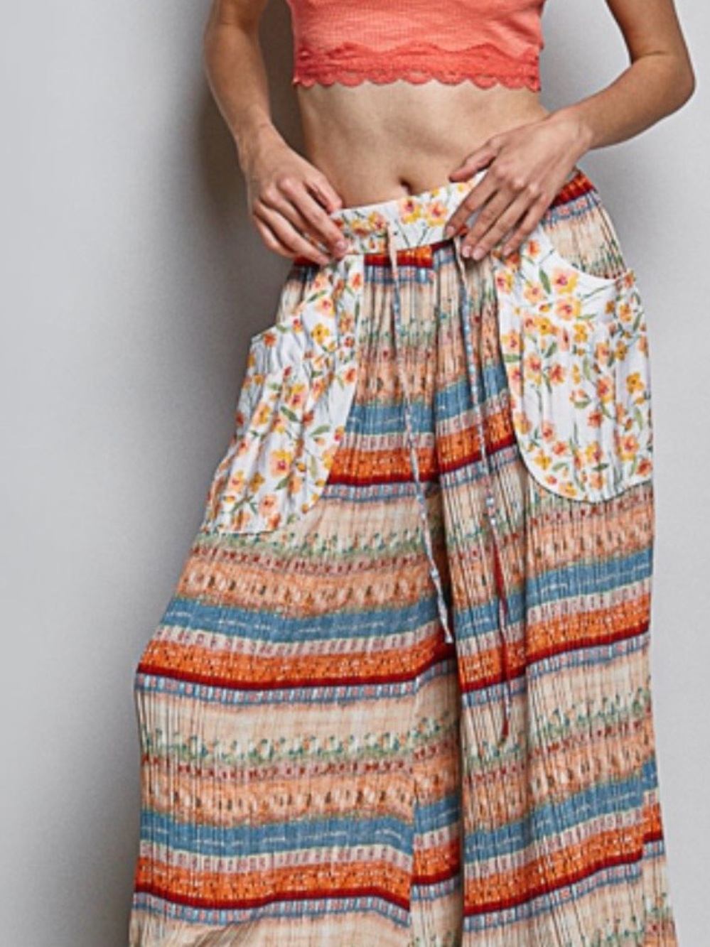 POL Wide-Leg Pleated Boho Pants in Cream, Blue & Orange - Picture 2 of 4
